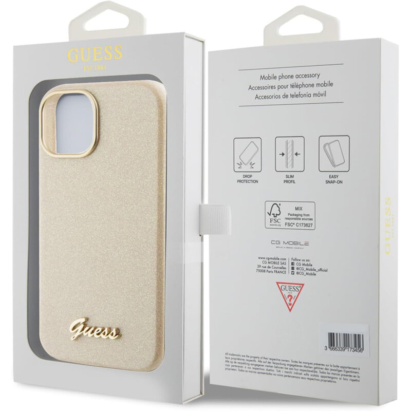 Husa Guess Glitter Glossy Script iPhone 15 cu sclipici, bej, GUHCP15SPGMCSD