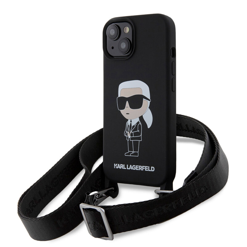 Husa Karl Lagerfeld iPhone 15 Silicone Crossbody, Ikonik, negru, KLHCP15SSCBSKNK