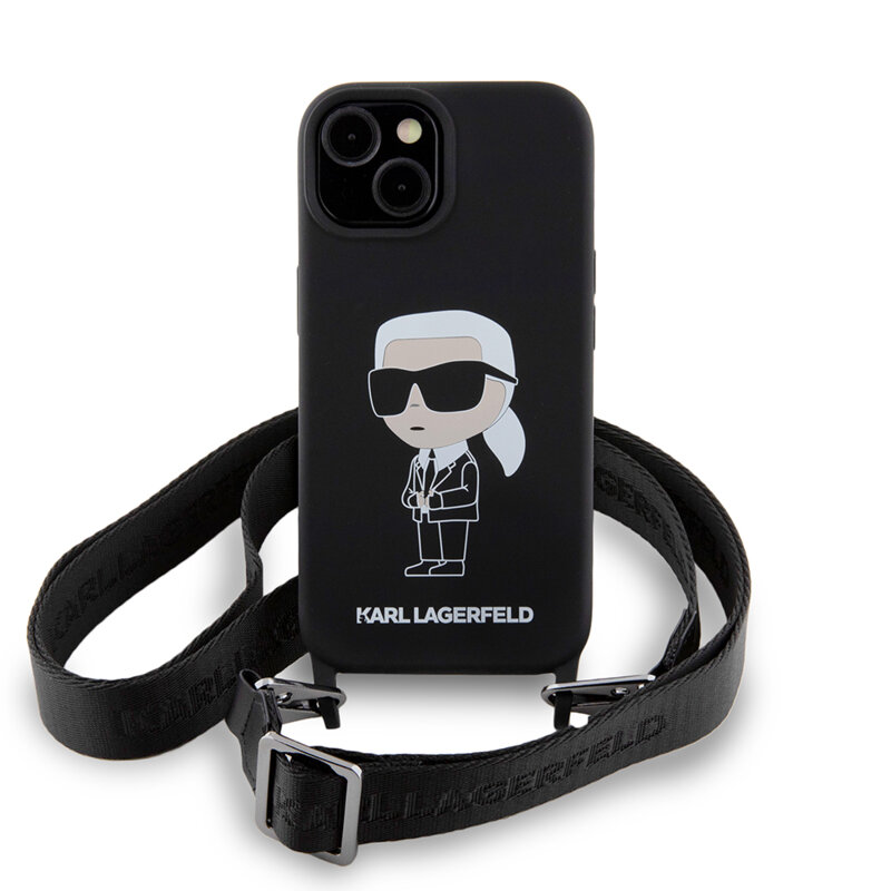 Husa Karl Lagerfeld iPhone 15 Silicone Crossbody, Ikonik, negru, KLHCP15SSCBSKNK