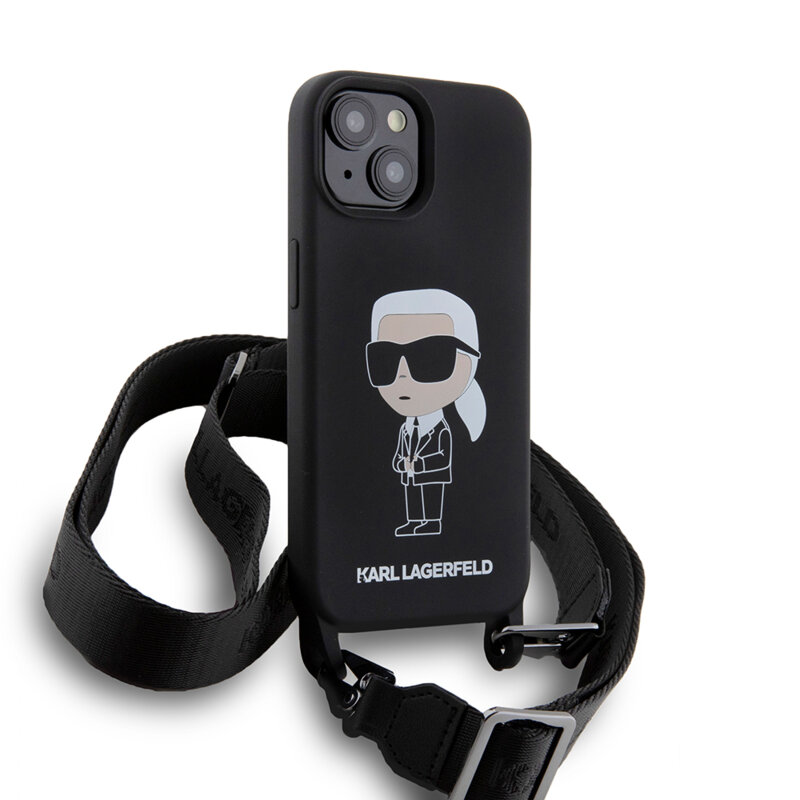 Husa Karl Lagerfeld iPhone 15 Silicone Crossbody, Ikonik, negru, KLHCP15SSCBSKNK