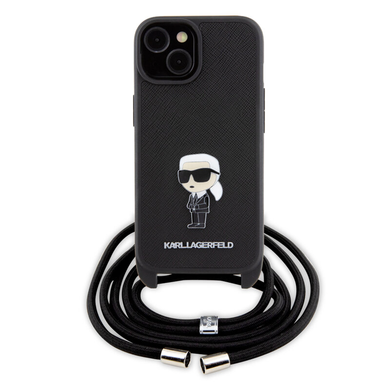 Husa iPhone 15 Karl Lagerfeld Saffiano Crossbody, Monogram Metal Pin Karl, KLHCP15SSASKNPSK