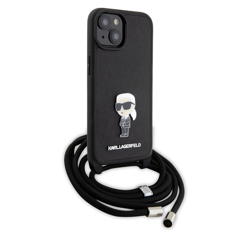 Husa iPhone 15 Karl Lagerfeld Saffiano Crossbody, Monogram Metal Pin Karl, KLHCP15SSASKNPSK