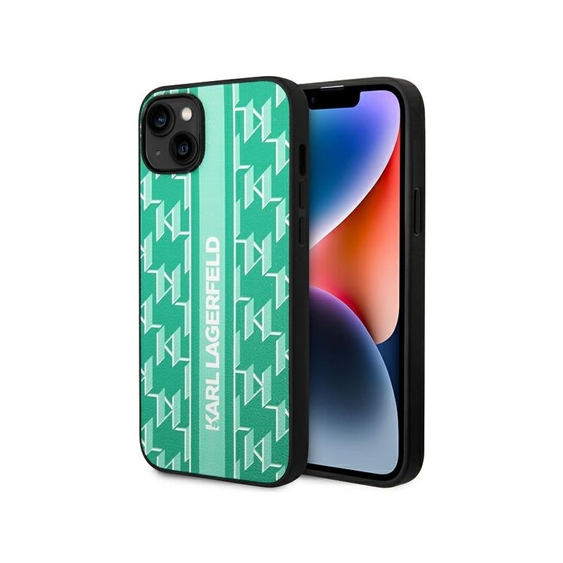 Husa iPhone 14 Plus Karl Lagerfeld Hardcase Monogram, Stripe, verde, KLHCP14MPGKLSKN