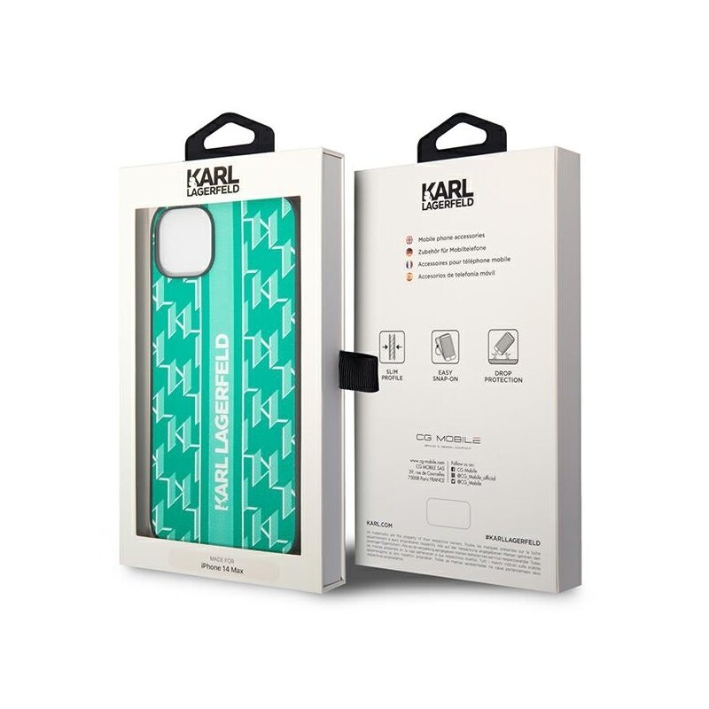 Husa iPhone 14 Plus Karl Lagerfeld Hardcase Monogram, Stripe, verde, KLHCP14MPGKLSKN
