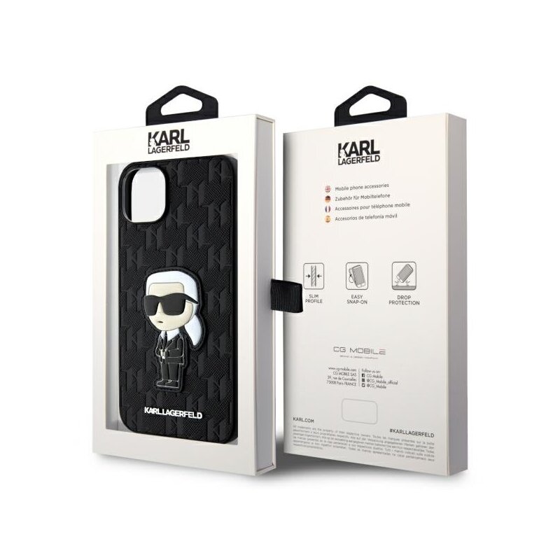 Husa originala iPhone 14 Plus Karl Lagerfeld Saffiano, Monogram Ikonik, negru, KLHCP14MSAKHPKK