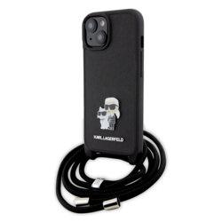 Husa iPhone 15 Karl Lagerfeld Saffiano Crossbody, Metal Pin Karl&Choupette, negru, KLHCP15SSAKCPSK