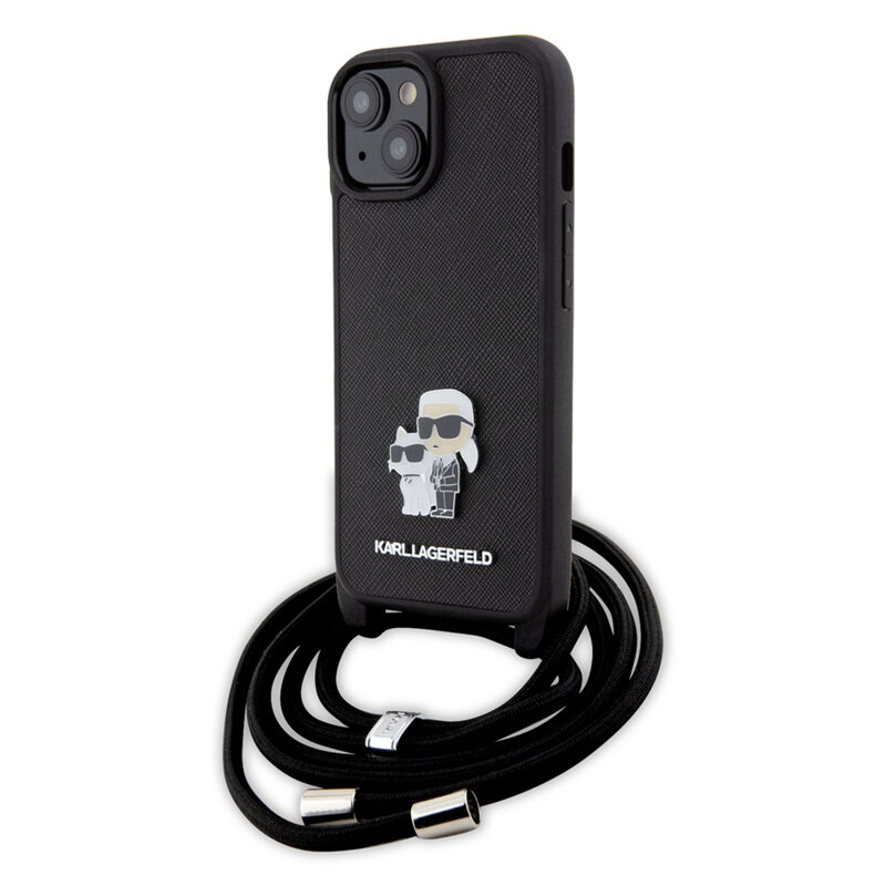 Husa iPhone 15 Karl Lagerfeld Saffiano Crossbody, Metal Pin Karl&Choupette, negru, KLHCP15SSAKCPSK