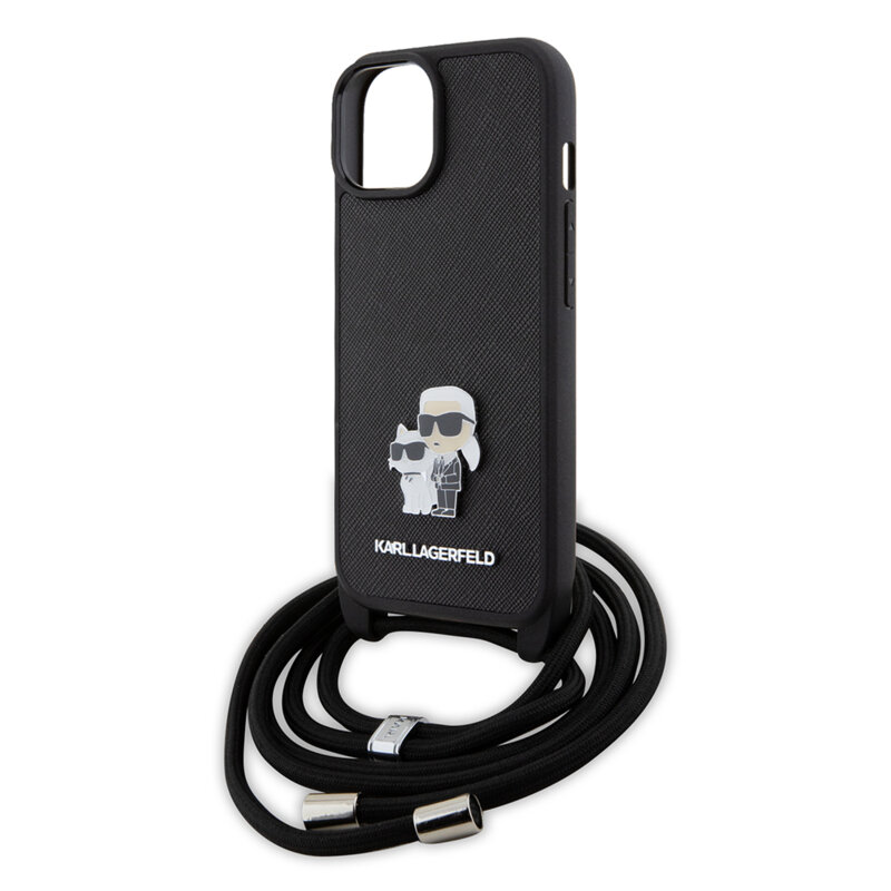 Husa iPhone 15 Karl Lagerfeld Saffiano Crossbody, Metal Pin Karl&Choupette, negru, KLHCP15SSAKCPSK