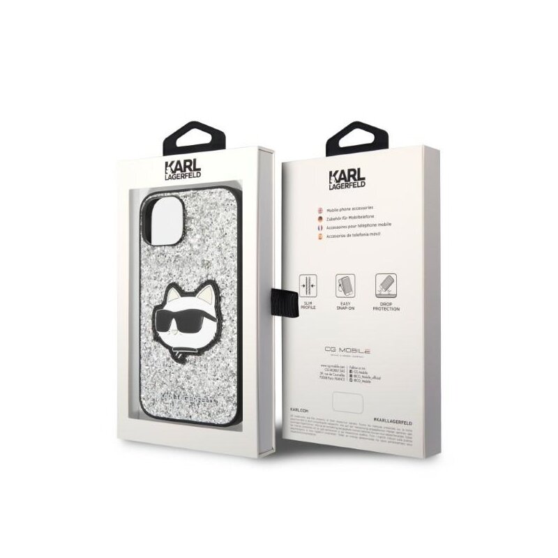 Husa Karl Lagerfeld iPhone 14 Hardcase Glitter, Choupette Patch, argintiu, KLHCP14SG2CPS