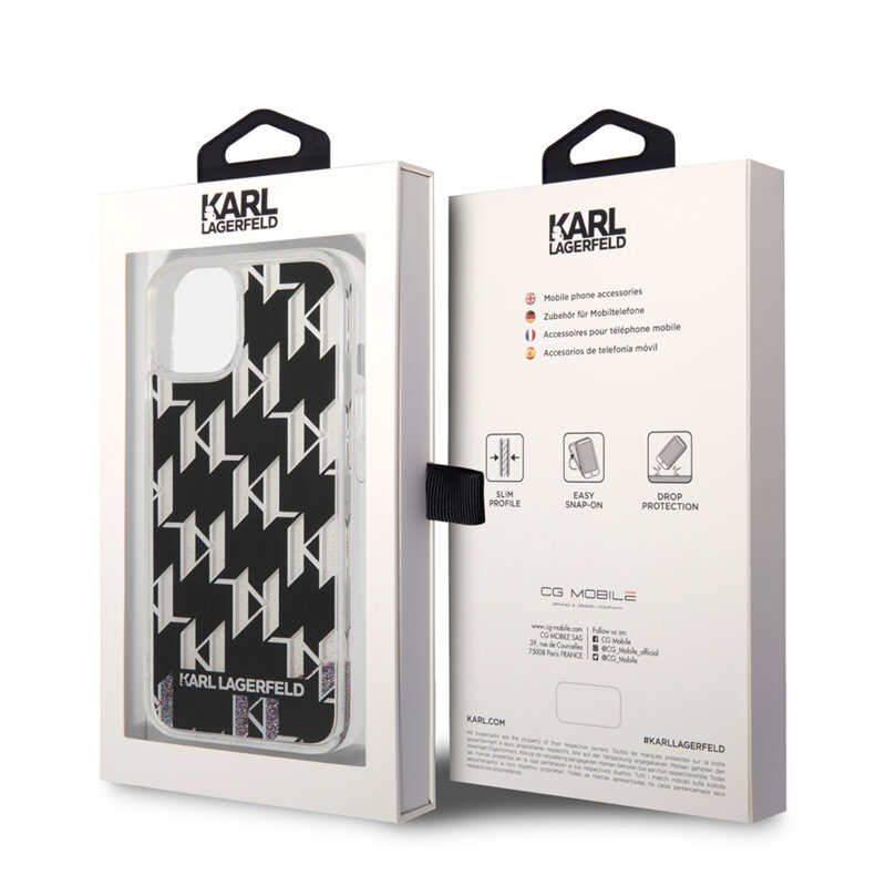 Husa Karl Lagerfeld iPhone 14 Hardcase Liquid Glitter, Monogram, negru, KLHCP14SLMNMK