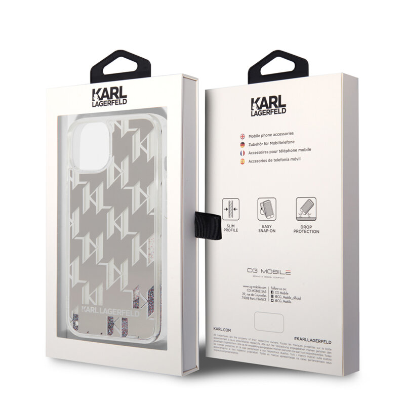 Husa Karl Lagerfeld iPhone 14 Hardcase Liquid Glitter, Monogram, argintiu, KLHCP14SLMNMS