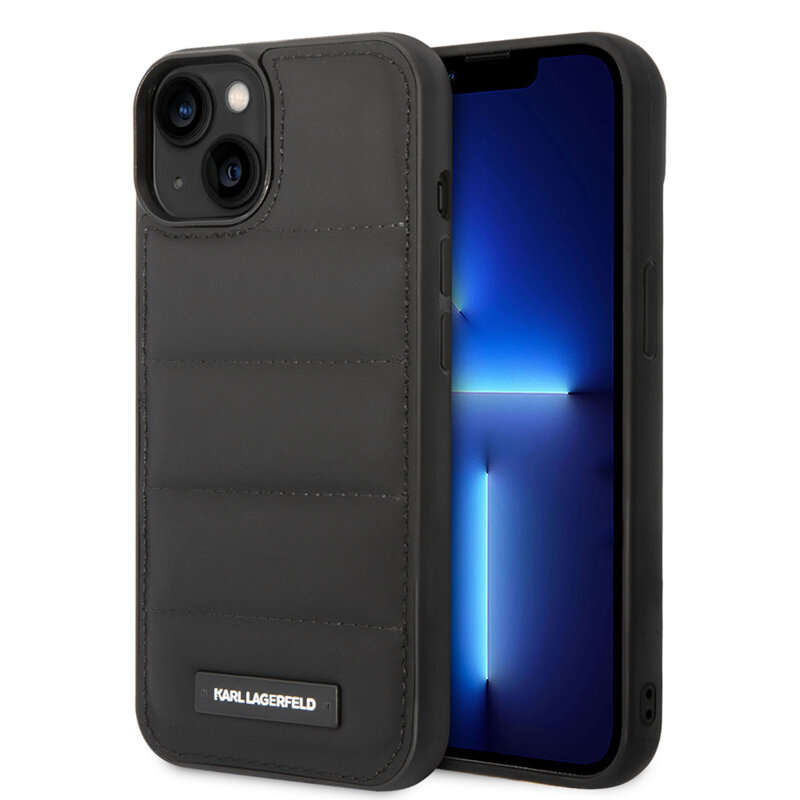 Husa iPhone 14 Karl Lagerfeld Hardcase Leather Puffy, Elongated Logo, negru, KLHCP14SPSQAK