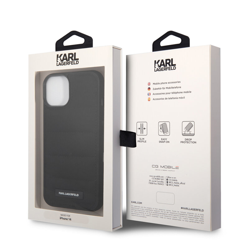 Husa iPhone 14 Karl Lagerfeld Hardcase Leather Puffy, Elongated Logo, negru, KLHCP14SPSQAK