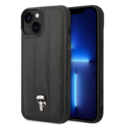 Husa iPhone 14 Karl Lagerfeld Hardcase Leather Puffy, Ikonik Pin, negru, KLHCP14SPSQPK