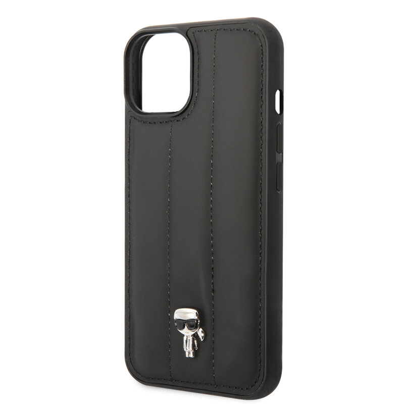 Husa iPhone 14 Karl Lagerfeld Hardcase Leather Puffy, Ikonik Pin, negru, KLHCP14SPSQPK