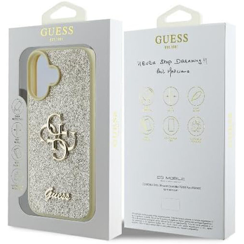Husa Guess Glitter Fixed Big 4G iPhone 16 Plus cu sclipici, auriu, GUHCP16MHG4SGD