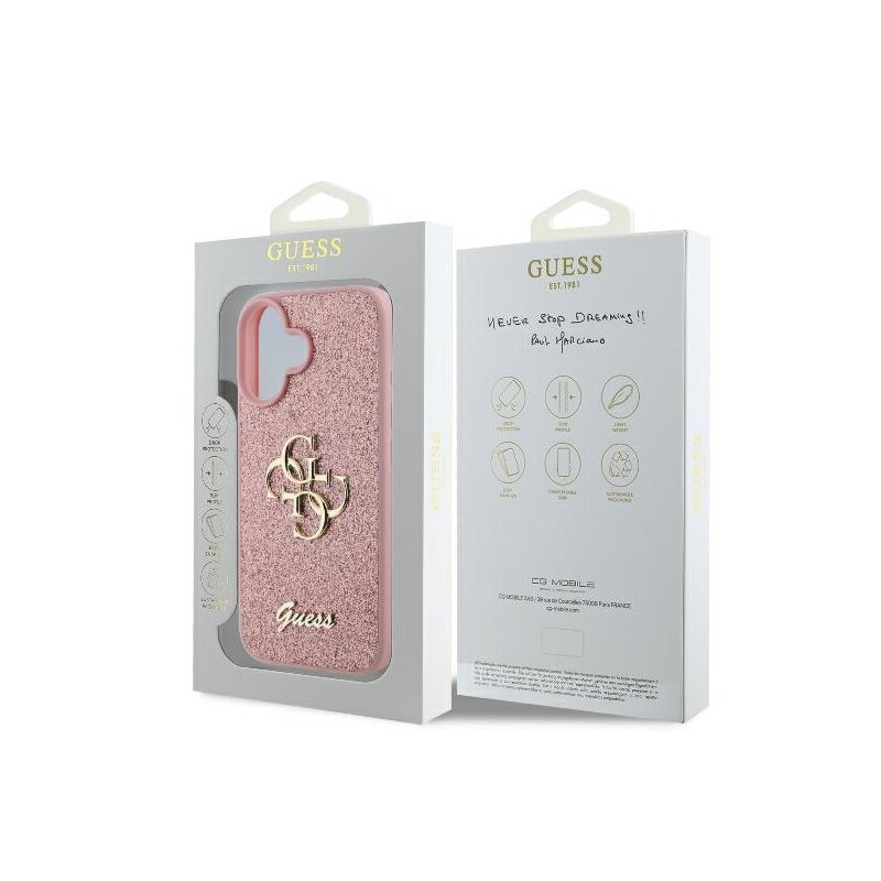 Husa Guess Glitter iPhone 16 cu sclipici, roz, GUHCP16SHG4SGP