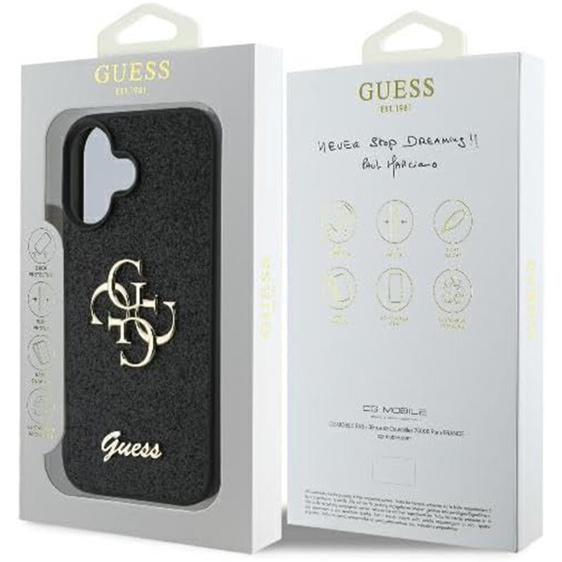 Husa Guess Glitter Fixed Big 4G iPhone 16 cu sclipici, negru, GUHCP16SHG4SGK