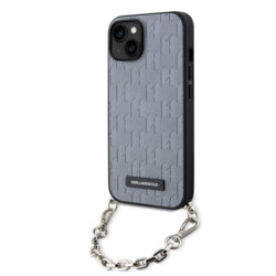 Husa originala iPhone 14 Karl Lagerfeld Saffiano Monogram Chain, argintiu, KLHCP14SSACKLHPG