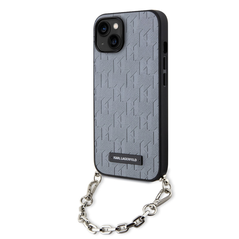 Husa originala iPhone 14 Karl Lagerfeld Saffiano Monogram Chain, argintiu, KLHCP14SSACKLHPG