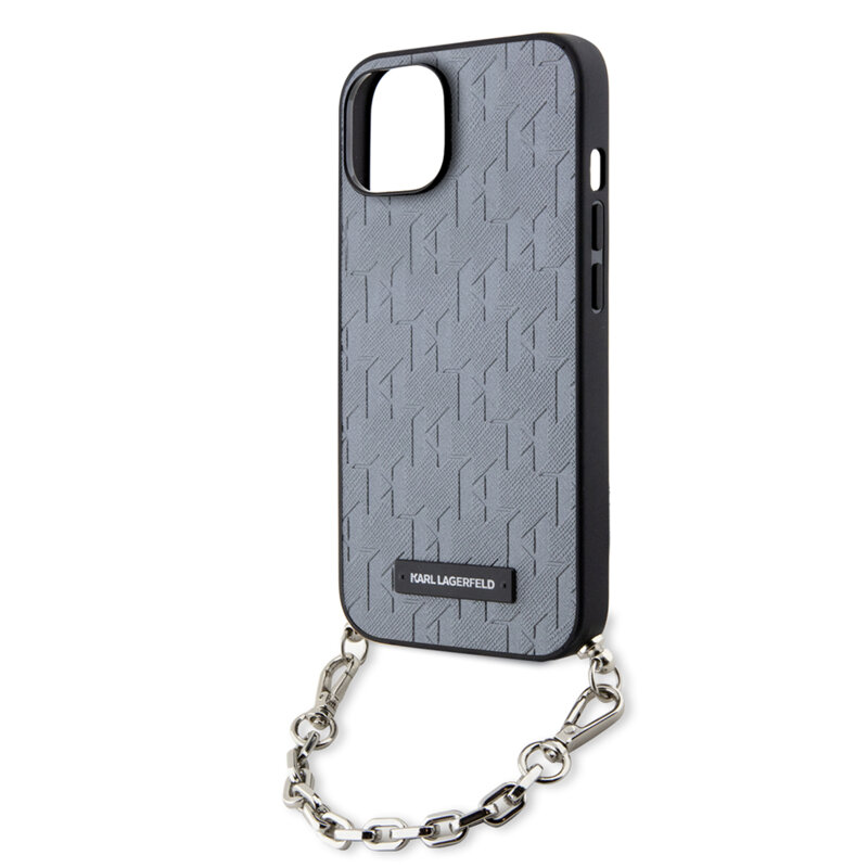 Husa originala iPhone 14 Karl Lagerfeld Saffiano Monogram Chain, argintiu, KLHCP14SSACKLHPG