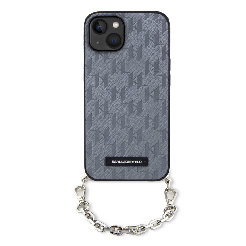 Husa originala iPhone 14 Karl Lagerfeld Saffiano Monogram Chain, argintiu, KLHCP14SSACKLHPG