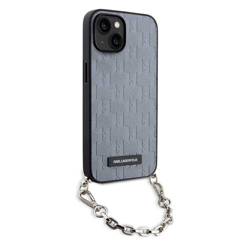 Husa originala iPhone 14 Karl Lagerfeld Saffiano Monogram Chain, argintiu, KLHCP14SSACKLHPG