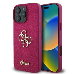 Husa Guess Glitter Fixed Big 4G  iPhone 16 Pro Max cu sclipici, mov, GUHCP16XHG4SGU