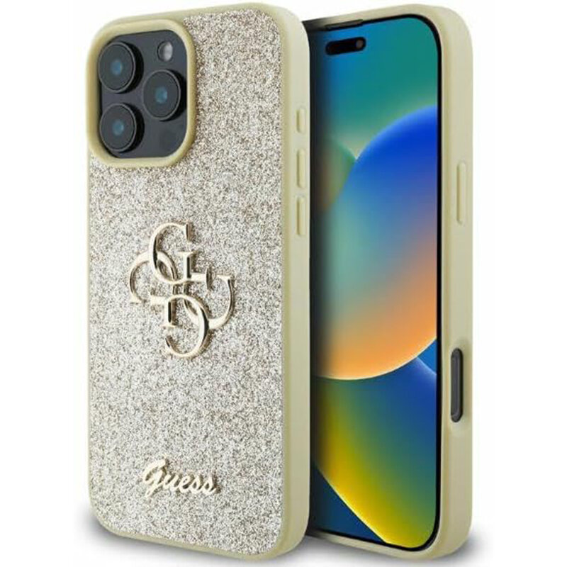 Husa Guess Glitter Fixed Big 4G iPhone 16 Pro Max cu sclipici, auriu, GUHCP16XHG4SGD