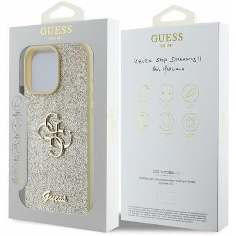 Husa Guess Glitter Fixed Big 4G iPhone 16 Pro Max cu sclipici, auriu, GUHCP16XHG4SGD