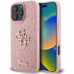 Husa Guess Glitter Fixed Big 4G iPhone 16 Pro Max cu sclipici, roz, GUHCP16XHG4SGP