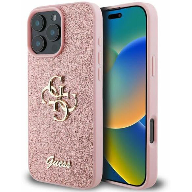 Husa Guess Glitter Fixed Big 4G iPhone 16 Pro cu sclipici, roz, GUHCP16LHG4SGP