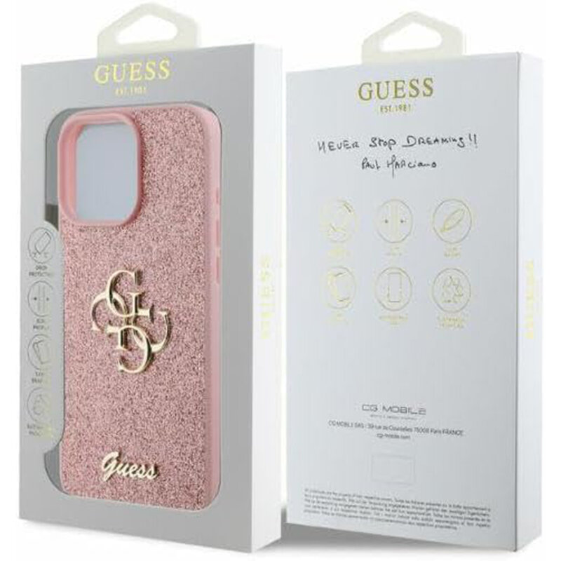 Husa Guess Glitter Fixed Big 4G iPhone 16 Pro cu sclipici, roz, GUHCP16LHG4SGP
