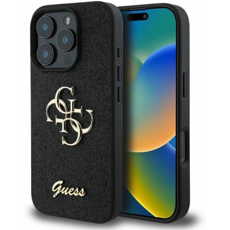 Husa Guess Glitter Fixed Big 4G iPhone 16 Pro Max cu sclipici, negru, GUHCP16XHG4SGK