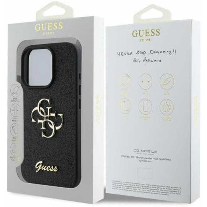 Husa Guess Glitter Fixed Big 4G iPhone 16 Pro Max cu sclipici, negru, GUHCP16XHG4SGK