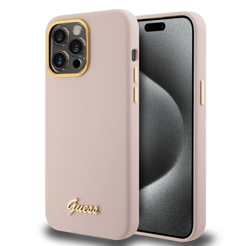 Husa Guess iPhone 15 Pro Max Silicone Script Metal Logo & Frame, roz deschis, GUHCP15XSMBSLP