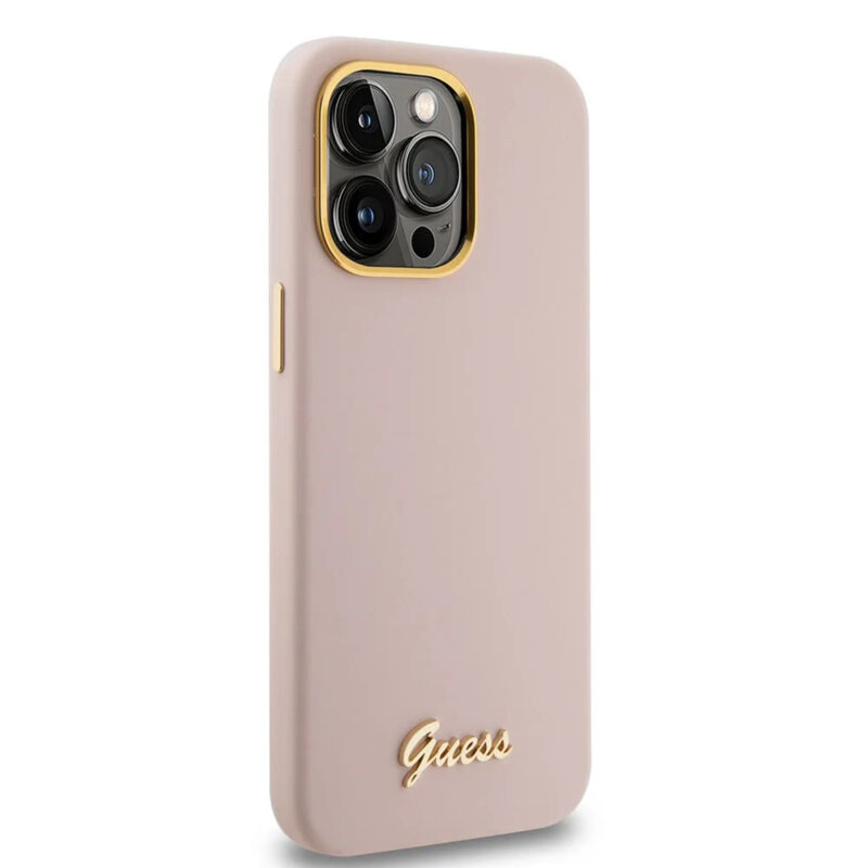 Husa Guess iPhone 15 Pro Max Silicone Script Metal Logo & Frame, roz deschis, GUHCP15XSMBSLP