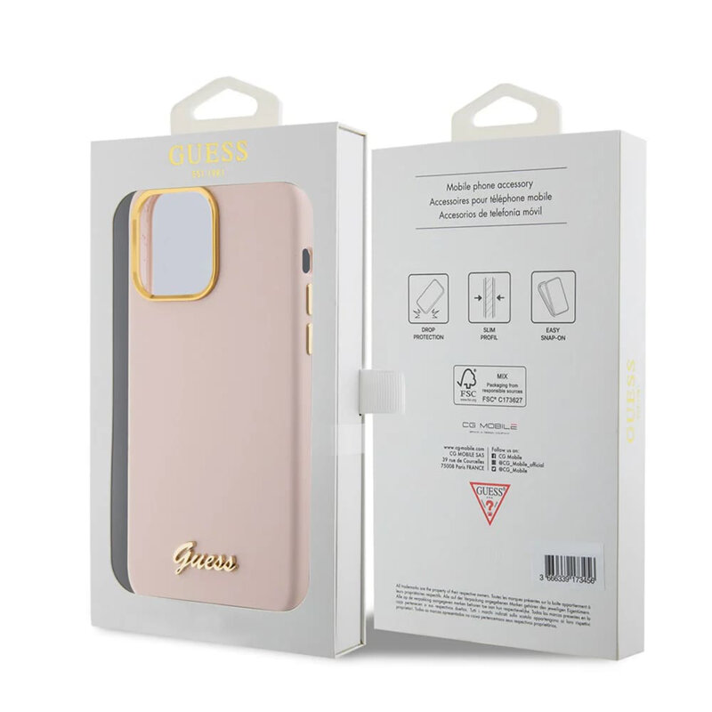Husa Guess iPhone 15 Pro Max Silicone Script Metal Logo & Frame, roz deschis, GUHCP15XSMBSLP