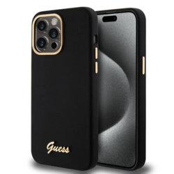 Husa Guess iPhone 15 Pro Max Silicone Script Metal Logo & Frame, negru, GUHCP15XSMBSLK