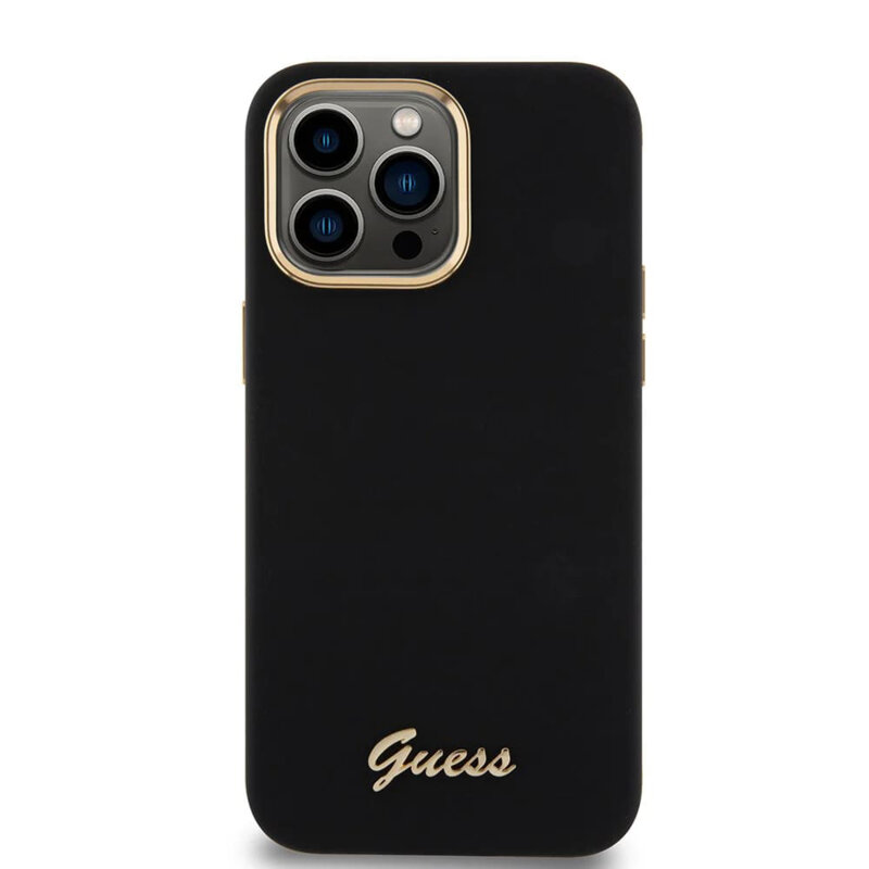 Husa Guess iPhone 15 Pro Max Silicone Script Metal Logo & Frame, negru, GUHCP15XSMBSLK