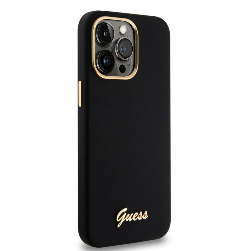 Husa Guess iPhone 15 Pro Max Silicone Script Metal Logo & Frame, negru, GUHCP15XSMBSLK