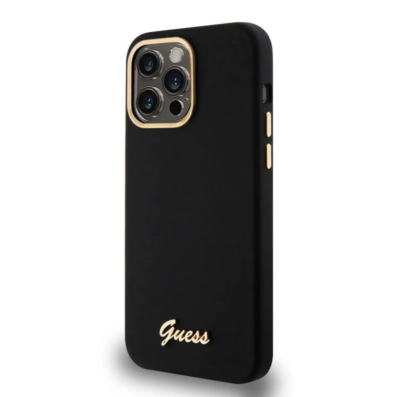 Husa Guess iPhone 15 Pro Max Silicone Script Metal Logo & Frame, negru, GUHCP15XSMBSLK