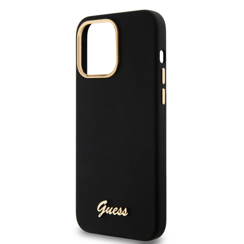 Husa Guess iPhone 15 Pro Max Silicone Script Metal Logo & Frame, negru, GUHCP15XSMBSLK