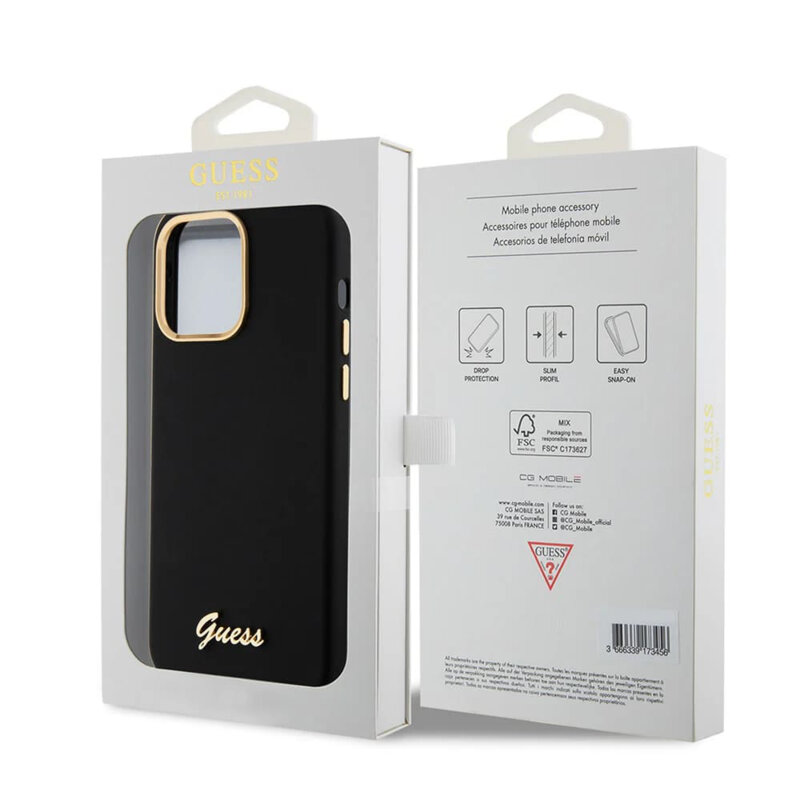Husa Guess iPhone 15 Pro Max Silicone Script Metal Logo & Frame, negru, GUHCP15XSMBSLK