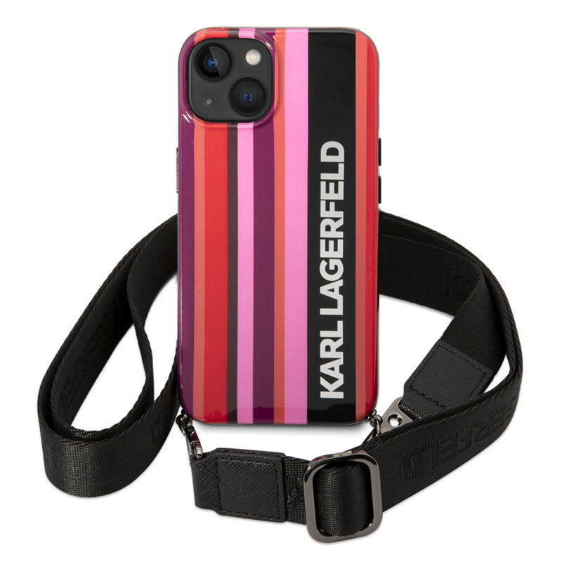Husa iPhone 14 Karl Lagerfeld Hardcase cu snur, Color Stripes, roz, KLHCP14SSTSTP