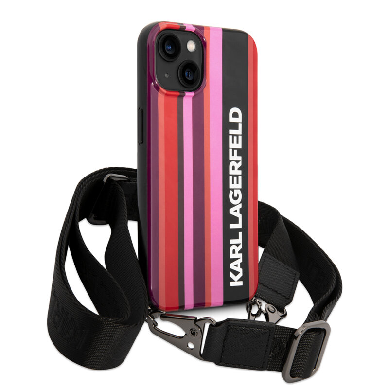 Husa iPhone 14 Karl Lagerfeld Hardcase cu snur, Color Stripes, roz, KLHCP14SSTSTP
