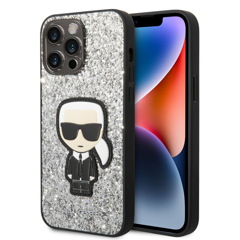 Husa Karl Lagerfeld iPhone 14 Pro Max Hardcase Glitter, Flakes Ikonik, argintiu, KLHCP14XGFKPG