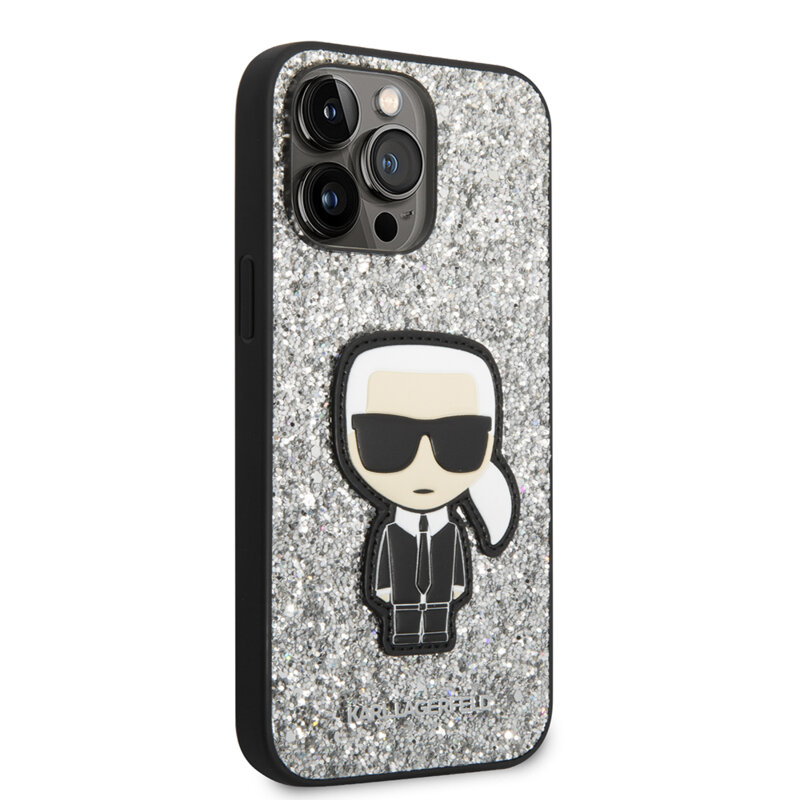 Husa Karl Lagerfeld iPhone 14 Pro Max Hardcase Glitter, Flakes Ikonik, argintiu, KLHCP14XGFKPG