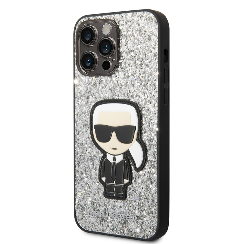 Husa Karl Lagerfeld iPhone 14 Pro Max Hardcase Glitter, Flakes Ikonik, argintiu, KLHCP14XGFKPG
