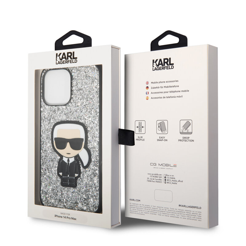 Husa Karl Lagerfeld iPhone 14 Pro Max Hardcase Glitter, Flakes Ikonik, argintiu, KLHCP14XGFKPG